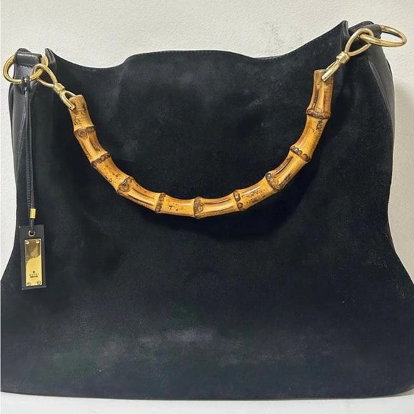 Gucci Handbags - Gucci Black Suede Shoulder Bag with Bamboo Handle
